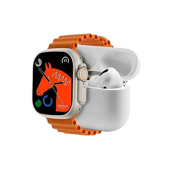I20 Ultra Max Smart Watch with 10-in-1 Box, including 7 straps and AirPods 2.