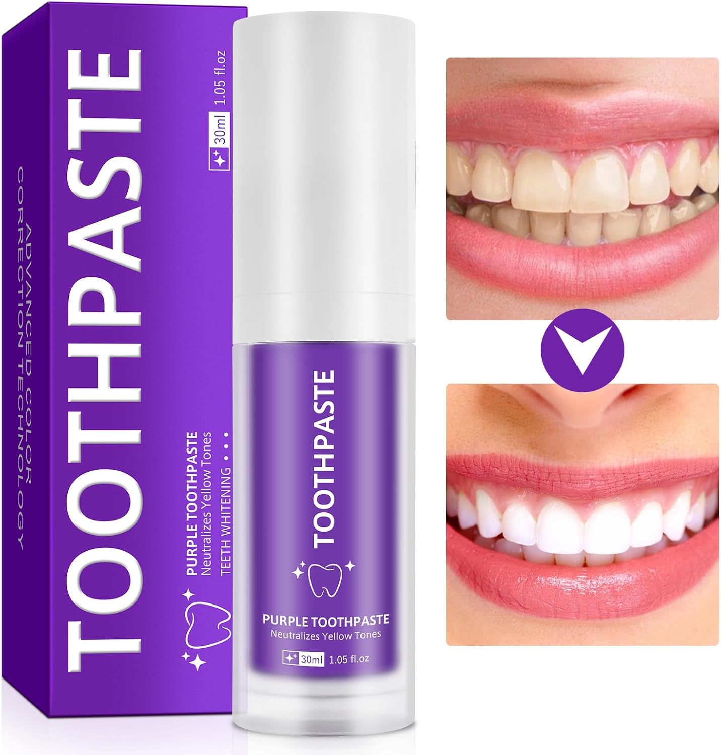 Close-up of the purple hue of the toothpaste being applied to a toothbrush.