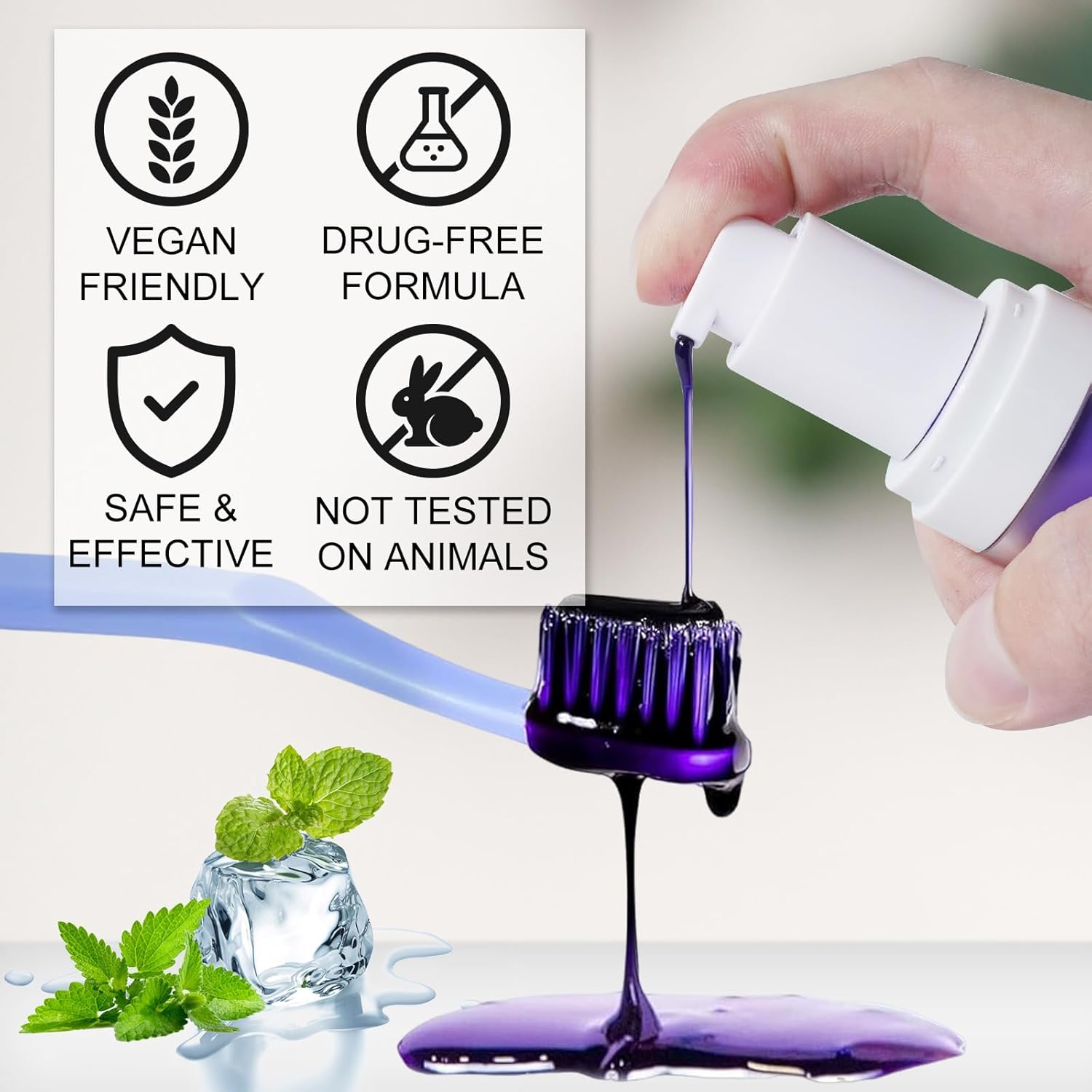 Person brushing teeth with Purple Teeth Whitening Toothpaste and smiling after use.