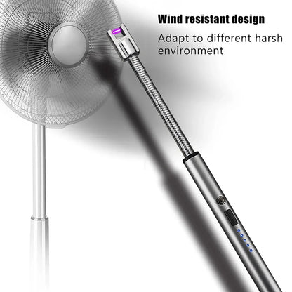 Windproof arc lighter being used outdoors in windy weather.