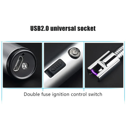 Open box packaging of rechargeable arc lighter with accessories.