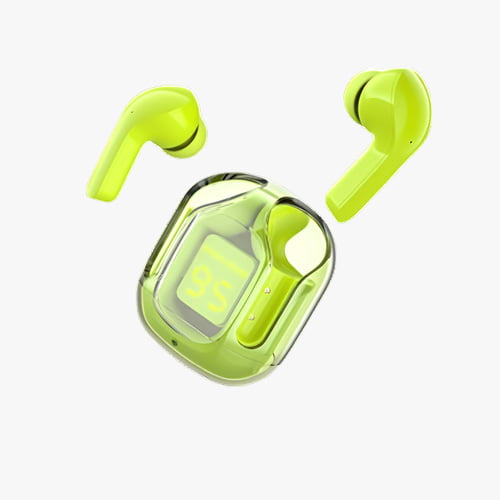 Close-up of Air 31 TWS Transparent Earbuds with their unique see-through design.